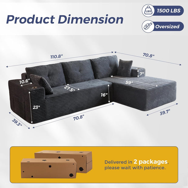 MAXYOYO 110" Modular Sectional Couch with L-Shape Chaise, Modern Boneless Couch for Living Room, Sofa in A Box, Oversized Sofa Sleeper with Deep Seat, No Assembly Required, Dark Grey