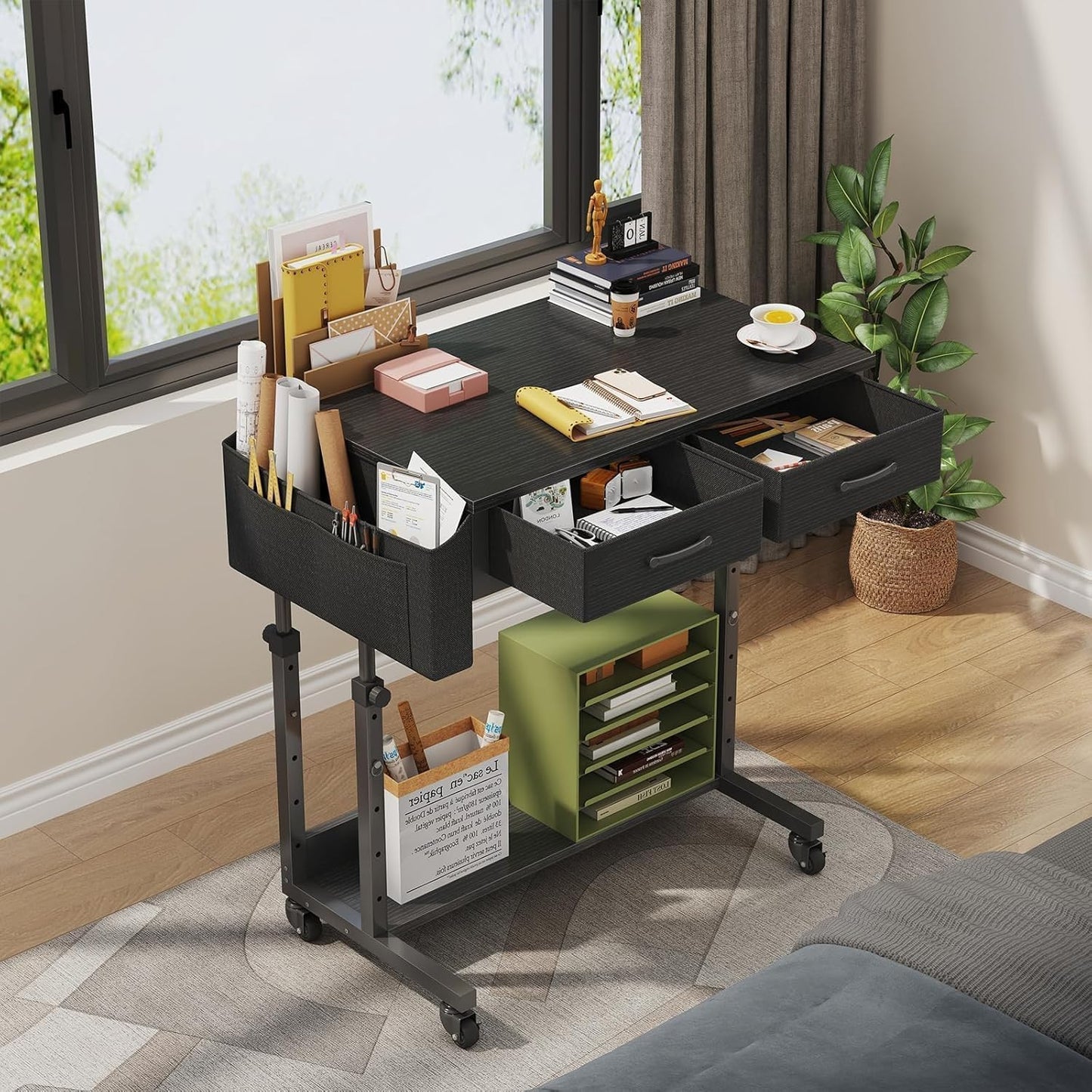 Small Portable Rolling Standing Desk - 32 Inch Adjustable Mobile Teacher Stand Up Desks with 2 Fabric Drawers on Wheels for Classroom, Couch Sofa Side Laptop Table with Storage for Home Office, Black