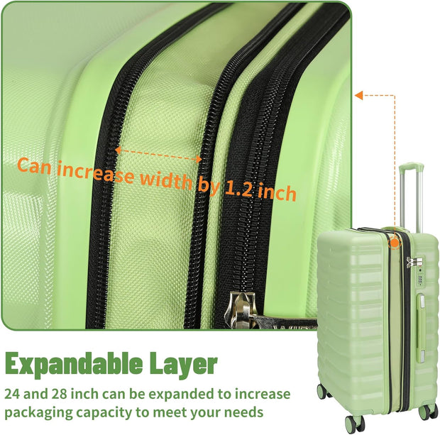 Lightweight Luggage with Spinner Wheels & YKK Zipper, 3-Piece Travel Suitcase ABS+PC Hardshell Luggage Set with TSA Lock, Light Avocado Green (20+24+28 inch)