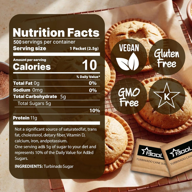 Raw Sugar Packets 500 Count, – Individually Wrapped Turbinado Cane Sugar – Perfect for Coffee, Tea, and On-the-Go Sweetening