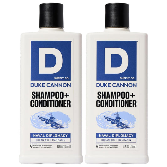 Duke Cannon Supply Co. 2-in-1 Hair Wash - Masculine Scent - Gentle Cleansing Hair Wash For Men - Stimulating Hair Shampoo & Conditioner - Strengthens Hair - Naval Diplomacy - 2 Pack (14 oz)