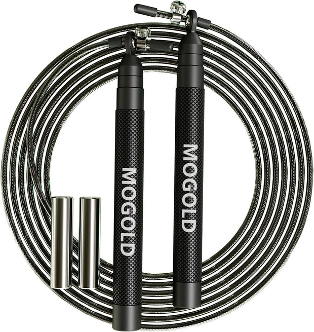speed jump rope incl. 2 PVC Steel Cables 2.0mm/3.0mm| Ideal for Crossfit, Fitness, Boxing and Easy Double Under | Metal Jump Rope with Weights for Fitness Women and Men Premium Bearing Balls | Carry Pouch&Spare Screws
