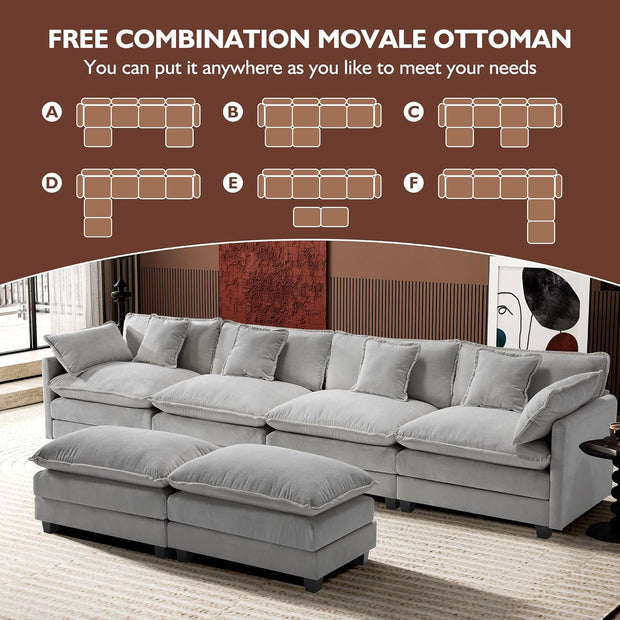 Ihanherry 146" U-Shaped Modern Sofa Modular Sectional Cloud Couch with 2 Ottoman, 6-Seat Chenille Deep Seat Sofa with 6 Pillows for Living Room, Bedroom and Apartment, Grey