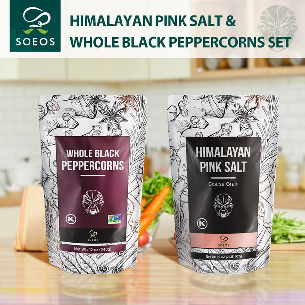 Soeos Whole Black Peppercorns 12oz + Himalayan Pink Salt 2lb, Salt and Pepper for Grinders, Black Peppercorn Refil, Pink Himalayan Sea Salt, 2 Piece Set