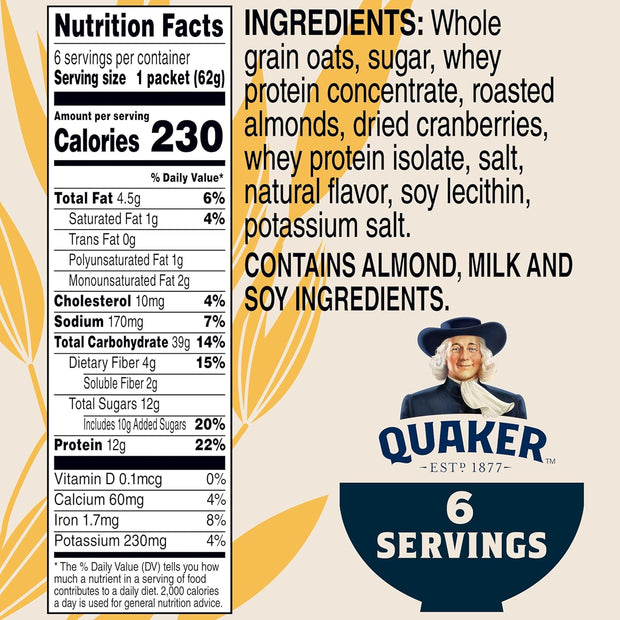 Quaker Protein Instant Oatmeal, Cranberry Almond, 12g Protein per Serving, Whole Grains, No Artificial Flavors, No Added Colors, 2.18 oz Packets, (6 Pack)