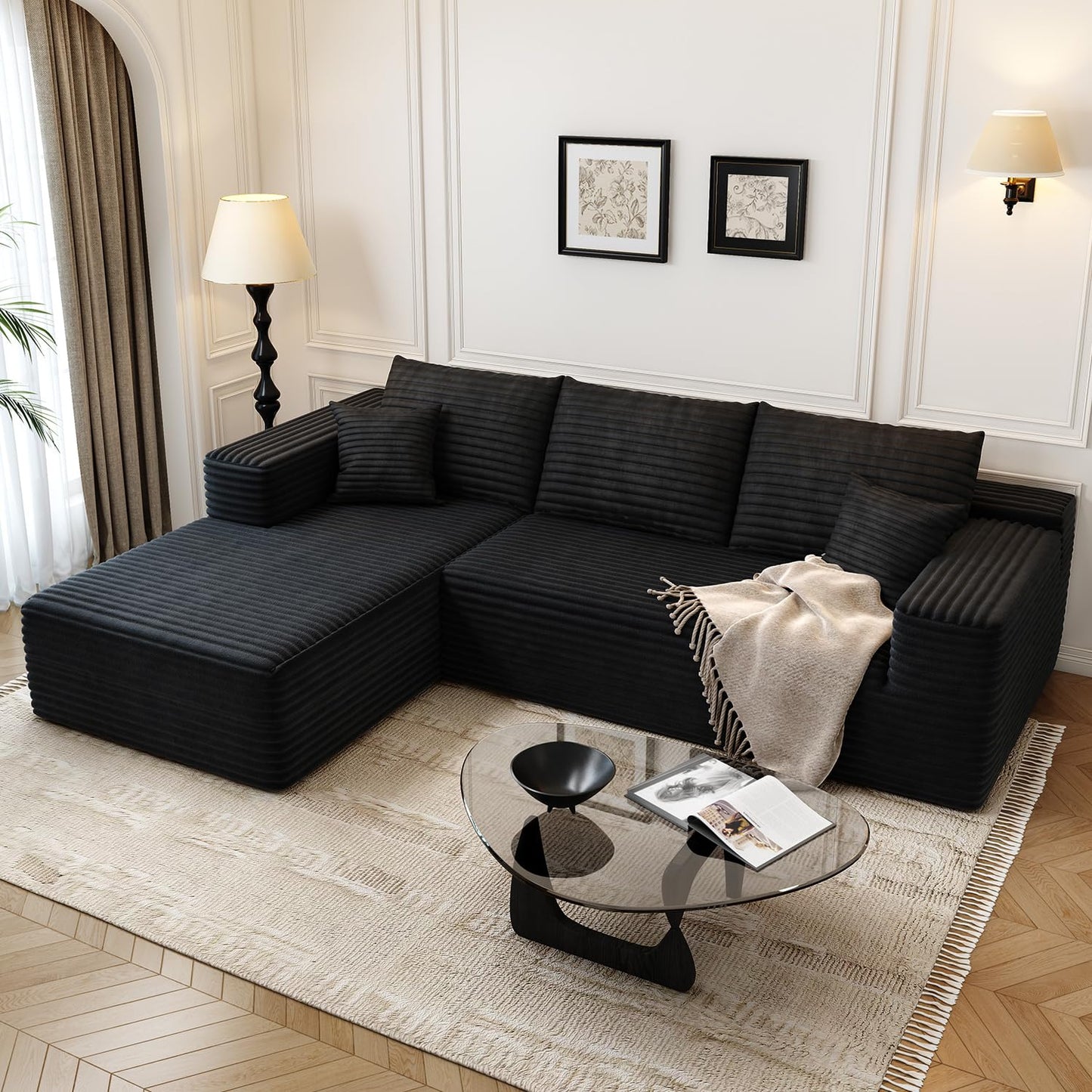 107.5" Cloud Modular Sectional Sofa with 1 Ottoman,Modern Minimalist Upholstered Couches, Comfort U Shaped Sofa for Living Room,Deep Seat Corner Couch，No Assembly Required (Black,Left Facing Chaise)