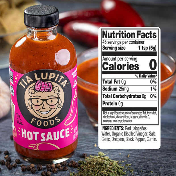 Tia Lupita Hot Sauce 8 Oz (Pack of 2) - Flavorful Heat, Medium Spice with Smoky-Sweet Flavor - Gluten-Free, Non-GMO, Sugar-Free, Low Sodium, Keto-Friendly, No Carbs - Made with Red Jalapeño Peppers
