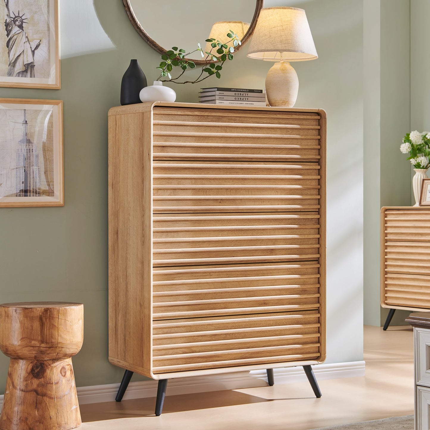 RedLemon 6 Drawers Dresser for Bedroom, 54'' Wide Mid Century Modern Wood Fluted Double Dresser, Chest of Drawers with Tapered Leg for Bedroom, Living Room, Hallway, Closet, Dark Walnut