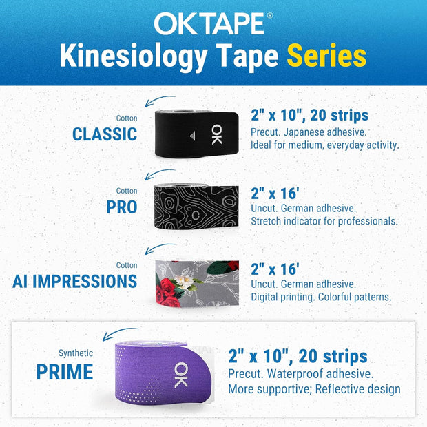 OK TAPE Synthetic Kinesiology Tape, 20 Strips Precut K Tape, Waterproof, Elastic Athletic Tape for Pain Relief & Muscle Support, Reflective Design, 2" x 10" -Purple