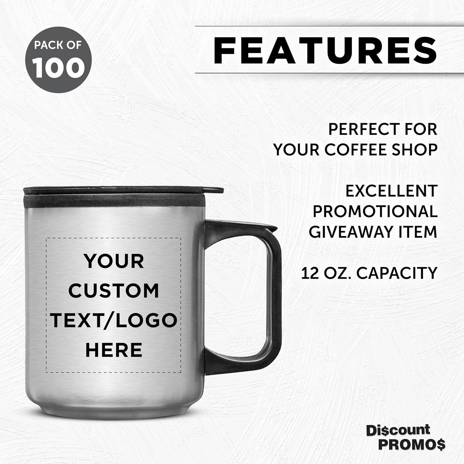 DISCOUNT PROMOS Custom Stainless Steel Travel Mugs with Handle 12 oz. Set of 100, Personalized Bulk Pack - Perfect for Coffee, Soda, Other Hot & Cold Beverages - Stainless Steel