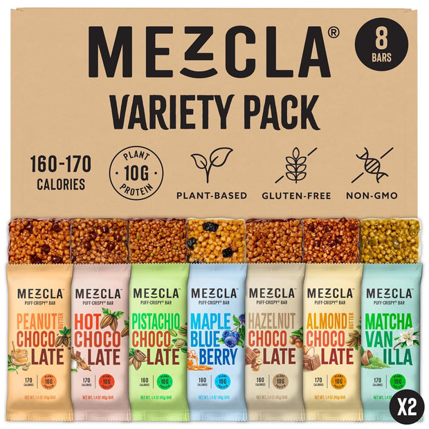 Mezcla Puff Crispy Protein Bars, Gluten Free & Vegan Protein Bars, 10g Protein, Alt for Crispy Rice Treat, Granola Bars & Breakfast Bars, Healthy Snacks for Adults, Variety Pack, 8 Count