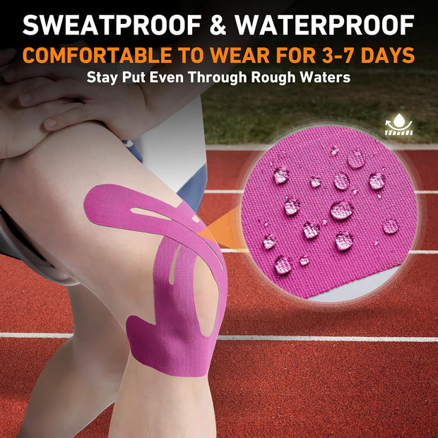 PreCut Kinesiology Tape for Knees, 12 PCS Waterproof KTQUICK Knee Tape for Knee Pain Relief Pre Cut, Original Cotton Athletic Knee Tape, Waterproof & Hypoallergenic Latex-Free for Sports (Black)