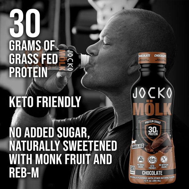 Jocko Mölk 30g Grass Fed Protein Shakes – No Added Sugar Protein Drinks KETO Friendly - Ready to Drink 12 FL Oz (Pack of 12) Chocolate