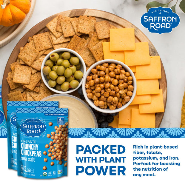 Saffron Road Roasted and Crunchy Sea Salt and Cracked Pepper Chickpeas | High Protein Snacks | Gluten-free, Vegan, Non-GMO, and Certified Halal and Kosher | 5.4oz Pouch | Pack of 6