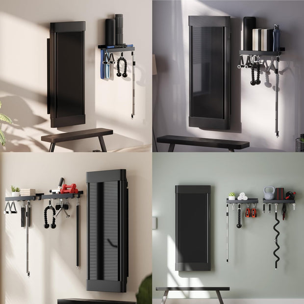 Metal Shelf Compatible with Tonal Accessories, Floating Shelf Organizer for Home Gym Storage, T-Lock Adapters Bracket Hanger, Gym Rack Wall Mounted with Hooks, Black Workout Holder