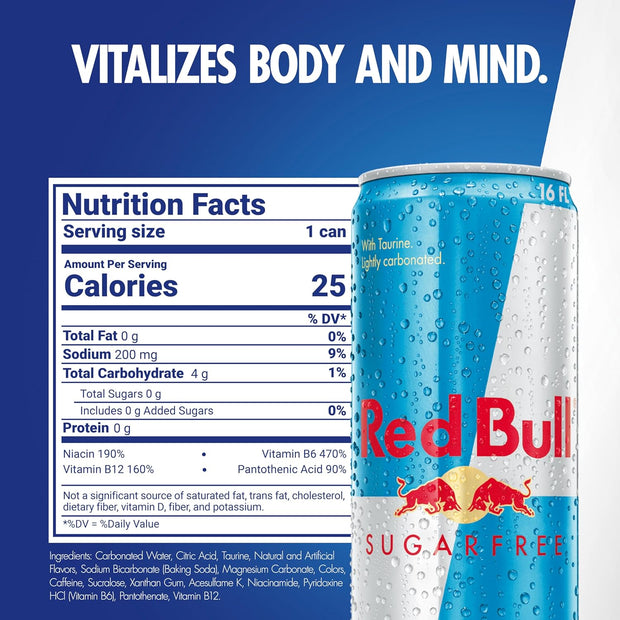 Red Bull Sugar Free Energy Drink with 151mg Caffeine plus Taurine & B Vitamins, 16 Fl Oz, Pack of 12 Cans