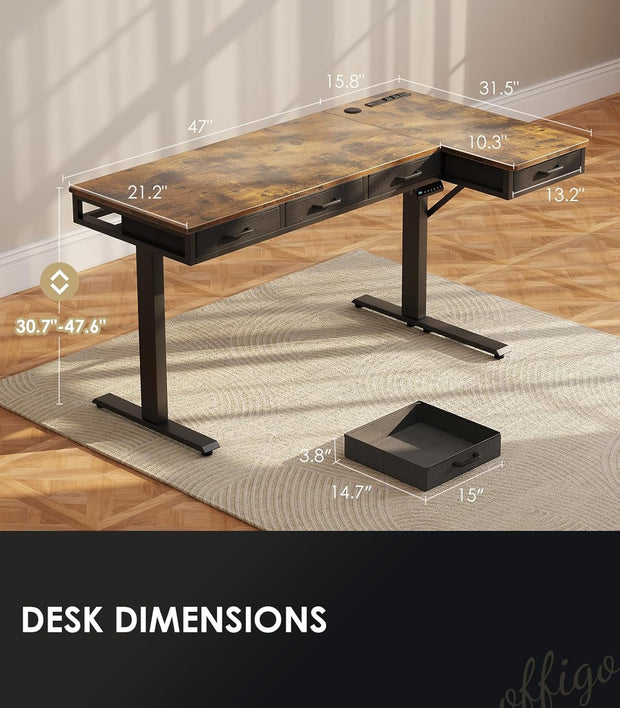 63 Inch L Shaped Electric Standing Desk with Drawers, Height Adjustable Large Desk with Power Outlets, Sit Stand Table, Writing Computer Desk for Home, Office, Workstation, Rustic Brown