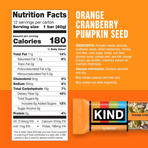 KIND Seeds Fruit & Nuts Snack Bar, Orange Cranberry | 5g Protein, High Fiber, Gluten Free Bars, 1.4 OZ, 12 Count