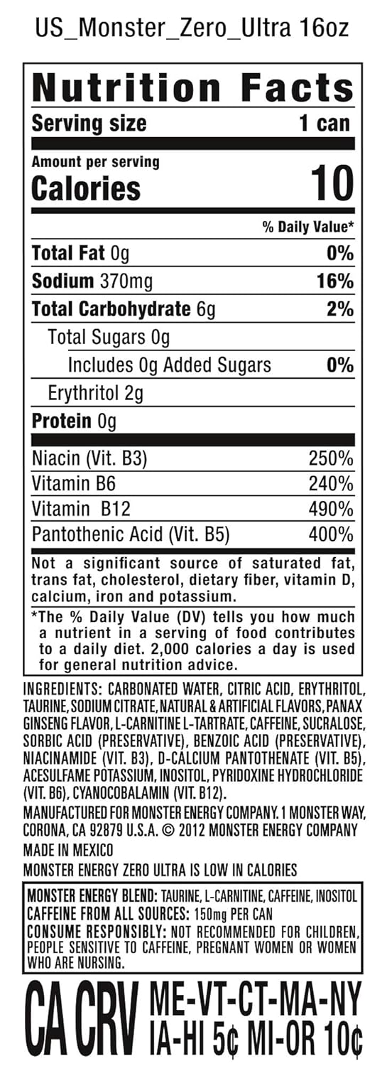 Monster Energy Zero Ultra, Sugar Free Energy Drink, 16 Ounce (Pack of 12)
