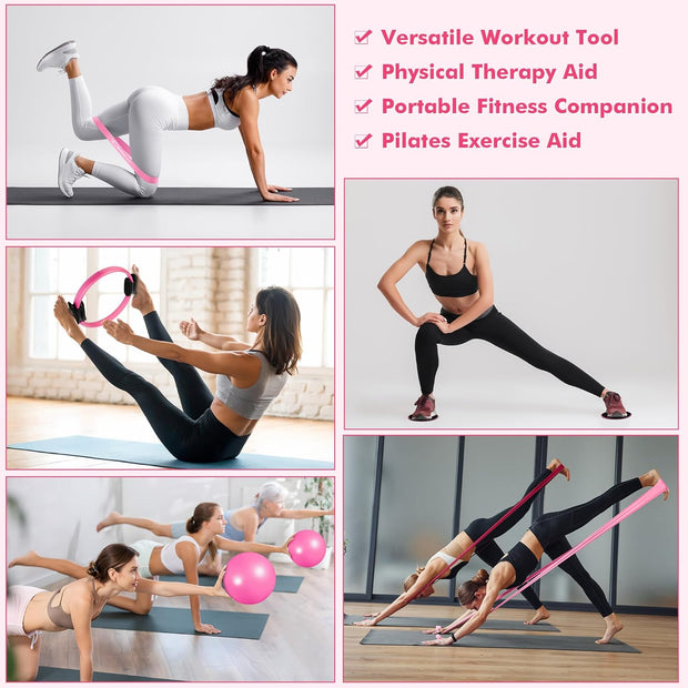 Pilates Ring Set Exercise Equipment with Exercise Bands Resistance Bands Set, Pilates Ball, Sliding Disks – Workout Equipment Home Gym Includes Complete Fitness Poster