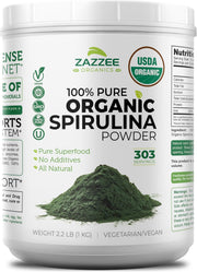 Zazzee Organic Spirulina Powder, 2.2 Pounds (1 KG), USDA Certified, 303 Servings, Kosher, 100% Pure, Non-Irradiated, Mess-Free Wide Mouth Container, Fresh Smell and Neutral Taste, Non-GMO, Gluten-Free