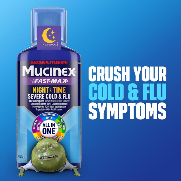 Mucinex Maximum Strength Fast-Max Cold & Flu and Nightshift, All-in-One Multi Symptom Relief Liquid, 6 Fl Oz - 2 Count (Pack of 1)