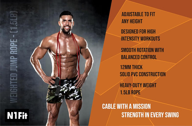 Weighted Jump Rope - (1.5LB) Solid PVC 12mm Diameter for Crossfit and Boxing - Heavy Jump Rope with Memory Non-Slip Cushioned Foam Grip Handles for Fitness Workouts Endurance and Strength Training