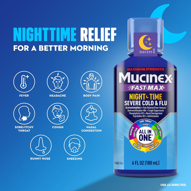 Mucinex Maximum Strength Fast-Max Cold & Flu and Nightshift, All-in-One Multi Symptom Relief Liquid, 6 Fl Oz - 2 Count (Pack of 1)