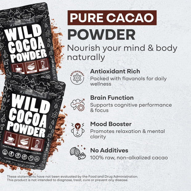 Wild Foods Organic Cocoa Powder | Single Origin Unsweetened Keto Chocolate Powder for Cooking & Baking | 100% Natural Cacao Beans | Sugar Free Non Dutch Raw Superfood | 12 oz