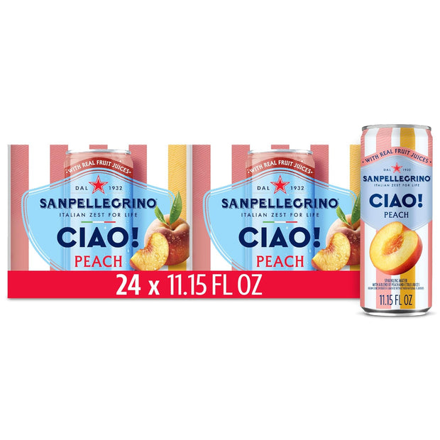 Sanpellegrino CIAO Peach Sparkling Water, Low-Calorie Italian Sparkling Water with Real Fruit Juices, 0g Added Sugar, 24-Pack