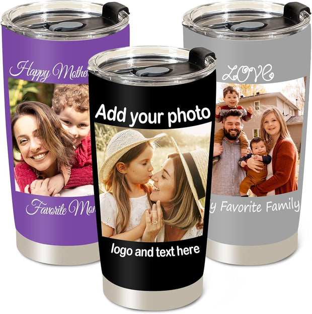 Personalized Tumbler with Pictures Text Name, Custom Photo Stainless Steel Tumbler, 20 Oz Travel Coffee Cup with lids, Personalized Mother's Day Birthday Gifts for Mom, Dad, Women, Men, Friend