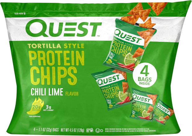 Quest Nutrition Chili Lime Tortilla Style Protein Chips, 20g Protein, 3g Net Carbs, Low Carb, Gluten Free, 1.1 oz (Pack of 4)