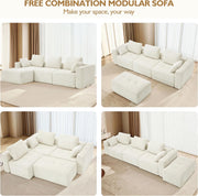 112" Modular Sectional Sofa L-Shaped Couch for Living Room, Comfy Cloud Sofa Modern 3-Seat Sofa with Ottoman, Corduroy Upholstered Boneless Couch with Deep Seat, 5 Pillows, Beige