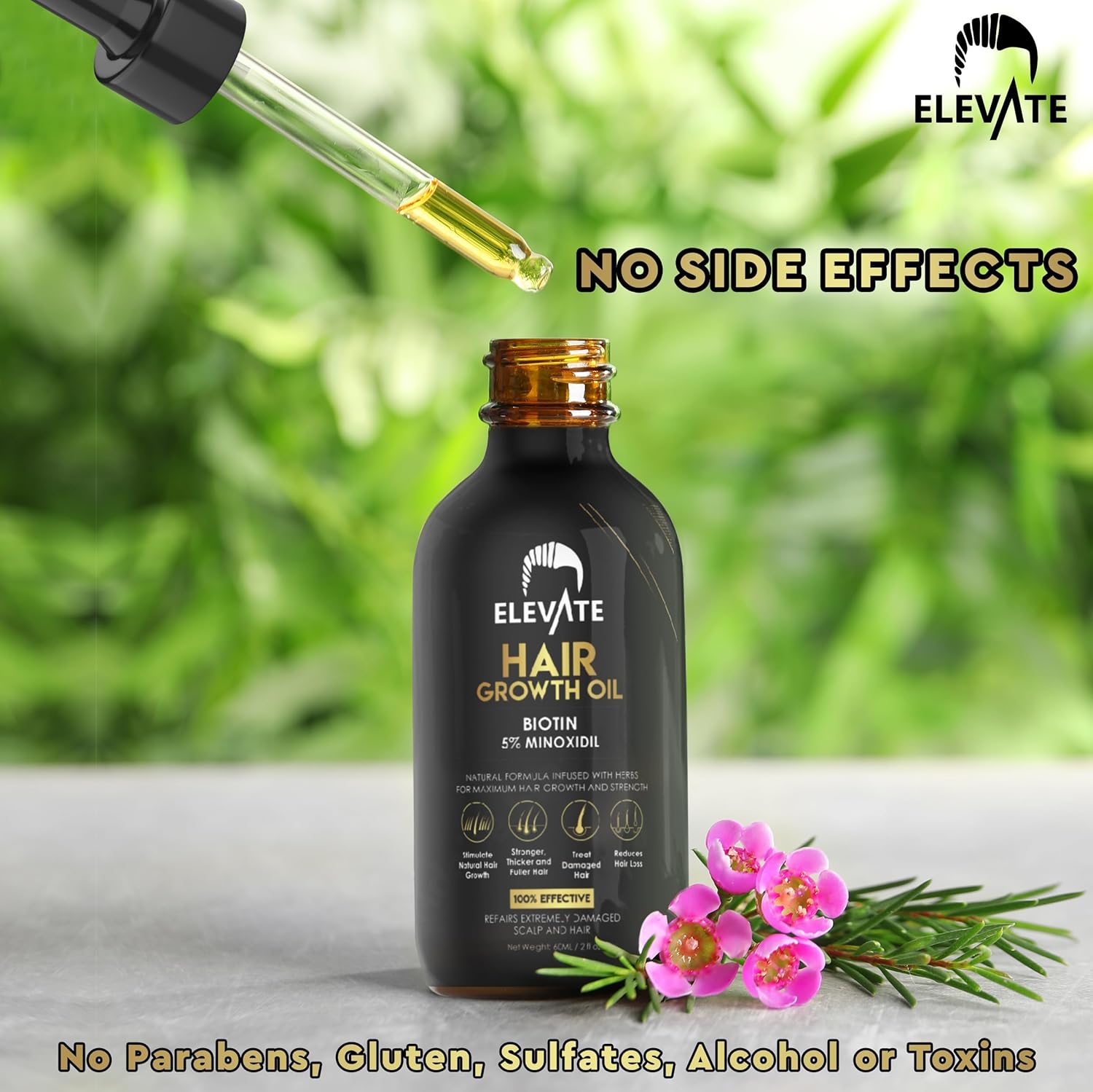 ELEVATE Hair Growth Oil - Biotin Serum & 5% Minoxidil Treatment for Stronger Thicker Longer Hair – Natural Hair Growth Thickening Treatment - Stop Thinning & Hair Loss for Men & Women 1oz