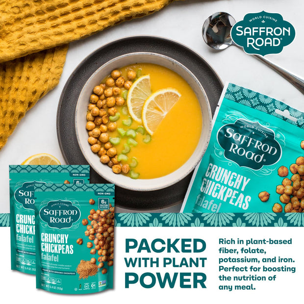 Saffron Road Roasted and Crunchy Sea Salt and Cracked Pepper Chickpeas | High Protein Snacks | Gluten-free, Vegan, Non-GMO, and Certified Halal and Kosher | 5.4oz Pouch | Pack of 6