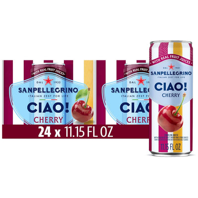 Sanpellegrino CIAO Cherry Sparkling Water, Low-Calorie Italian Sparkling Water with Real Fruit Juices, 0g Added Sugar, 24-Pack
