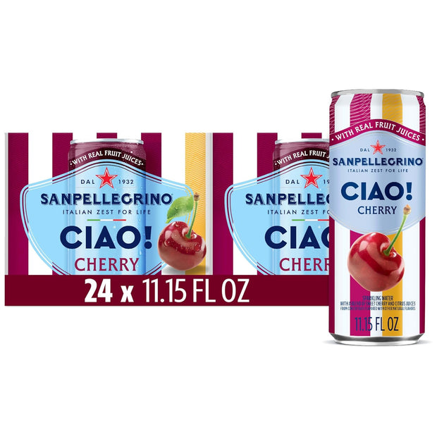 Sanpellegrino CIAO Cherry Sparkling Water, Low-Calorie Italian Sparkling Water with Real Fruit Juices, 0g Added Sugar, 24-Pack