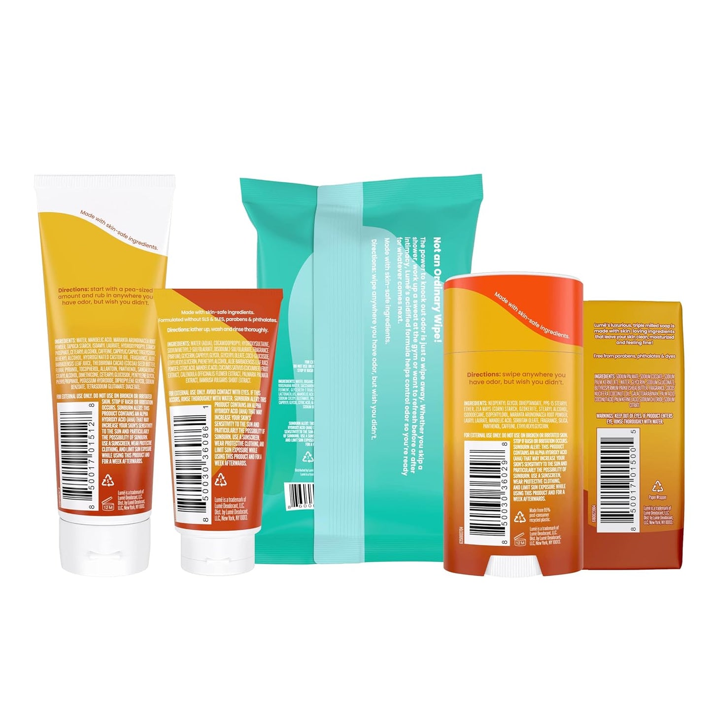 Lume Skin Care Gift Set for Women, Whole Body Deodorant Starter Pack -Smooth Solid Stick, Invisible Cream Tube, Acidified Body Wash Mini & Deodorant Wipes -Aluminum Free Odor Control (Toasted Coconut)