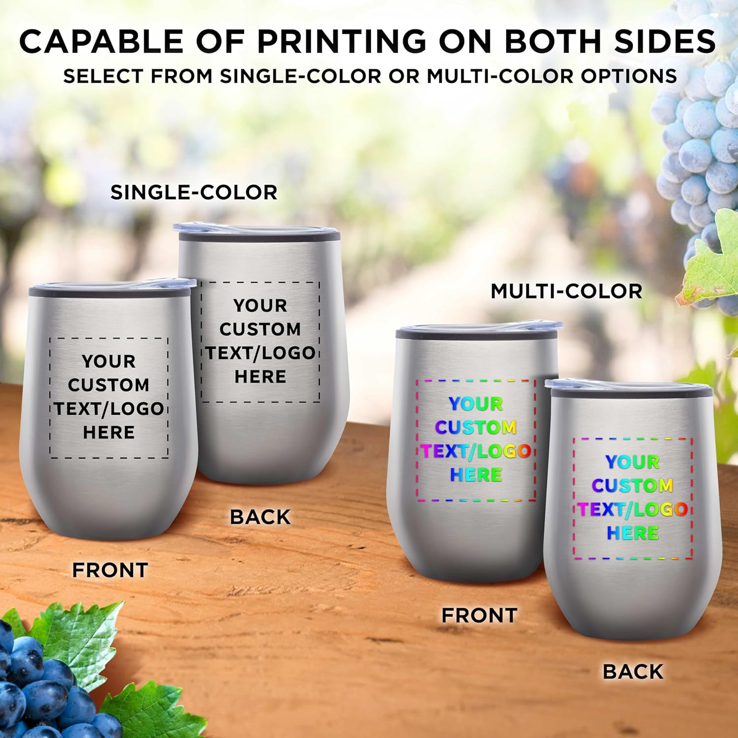 Custom Stemless Wine Tumblers 12 oz. Set of 6, Personalized Bulk Pack - Insulated, Perfect for Wine, Cocktails, Other Hot & Cold Beverages - Silver