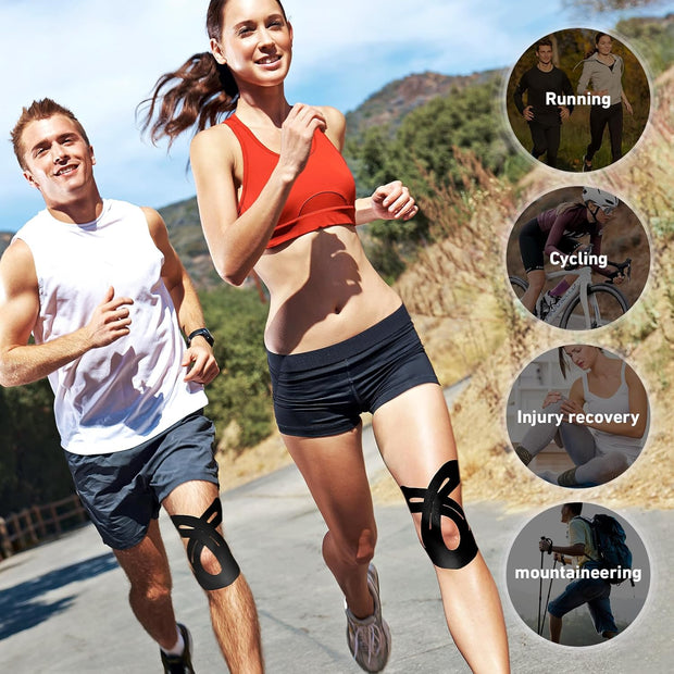 PreCut Kinesiology Tape for Knees, 12 PCS Waterproof KTQUICK Knee Tape for Knee Pain Relief Pre Cut, Original Cotton Athletic Knee Tape, Waterproof & Hypoallergenic Latex-Free for Sports (Black)