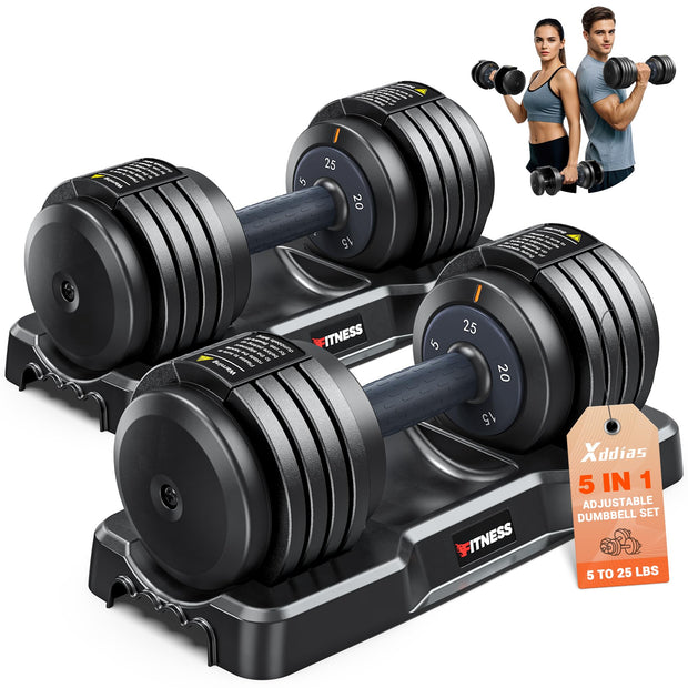 XDDIAS Adjustable Dumbbell Set of 2-25LB/55LB Set-1Sec Adjustable Dumbbell Weights-5 in 1 Free Weights Dumbbells Set with Effortless Tray/No-Slip Handle-Compact Size for Women/Men at Home Gym