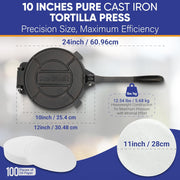 10 Inch Cast Iron Tortilla Press by StarBlue with FREE 100 Pieces Oil Paper and Digital Recipes e-book - Tool to make Indian style Chapati, Flour Tortilla, Roti