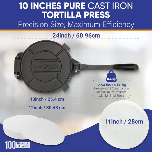 10 Inch Cast Iron Tortilla Press by StarBlue with FREE 100 Pieces Oil Paper and Digital Recipes e-book - Tool to make Indian style Chapati, Flour Tortilla, Roti