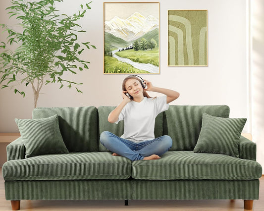 Kidirect 87in Green Sofa, Couches for Living Room 21in Extra Deep Seats, Comfy Corduroy Sofas for Living Room No Tool Assembly, Modern Oversized Love Seat with 2 Pillows, Sofa Couch for Bedroom