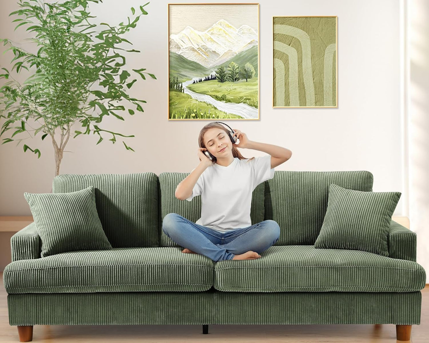 Kidirect 87in Green Sofa, Couches for Living Room 21in Extra Deep Seats, Comfy Corduroy Sofas for Living Room No Tool Assembly, Modern Oversized Love Seat with 2 Pillows, Sofa Couch for Bedroom