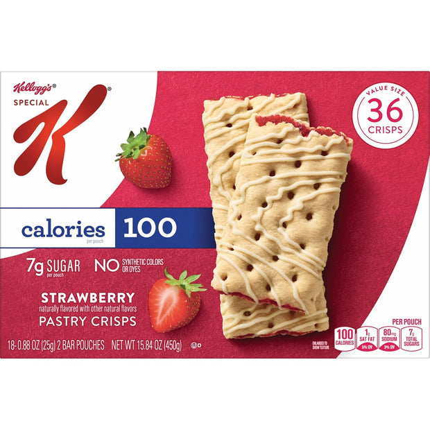 Special K Bar Pastry Crisps, 100 Calories, Breakfast Bars, Value Size, Strawberry, 15.84oz Box (36 Crisps) (Pack of 2)