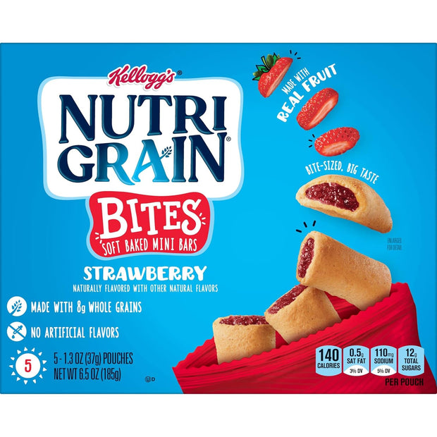 Nutri-Grain Bites Mini Breakfast Bars, Made with Real Fruit and Whole Grains, Kids Lunch Snacks, Strawberry, 32.5oz Case (5 Boxes)
