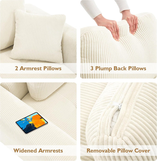 112" Modular Sectional Sofa L-Shaped Couch for Living Room, Comfy Cloud Sofa Modern 3-Seat Sofa with Ottoman, Corduroy Upholstered Boneless Couch with Deep Seat, 5 Pillows, Beige