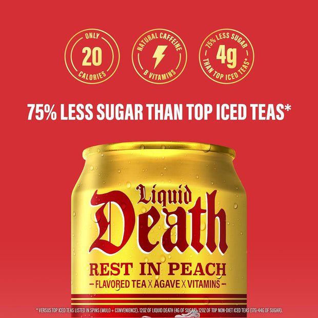 Liquid Death, Rest in Peach Iced Tea, 12-Pack (12 oz Cans), Peach Flavored Back Tea, Low Calorie, No Artificial Sweeteners, B12 & B6 Vitamins