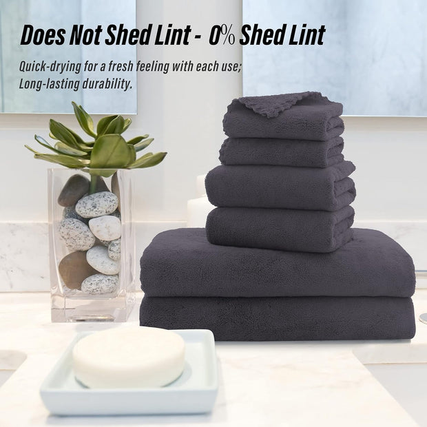 MOONQUEEN Ultra Soft Towel Set-Quick Drying-2 Bath Towels 2 Hand Towels 2 Washcloths - Microfiber Coral Velvet Highly Absorbent Towel for Bath Fitness, Bathroom, Sports, Yoga, Travel(Dark Grey, 6 Pcs)